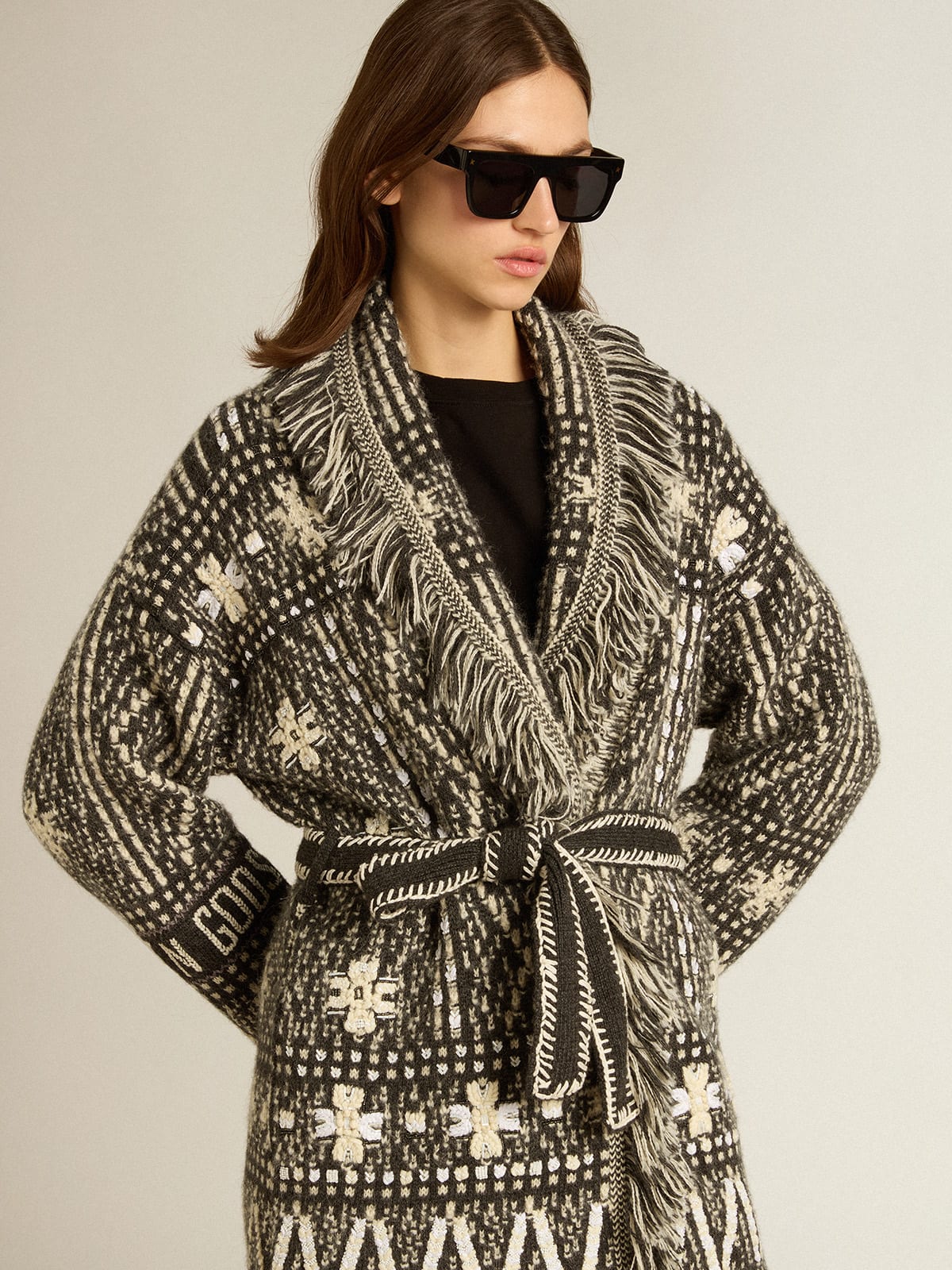 Cardigan with belt and dark gray Fair Isle pattern| Golden Goose