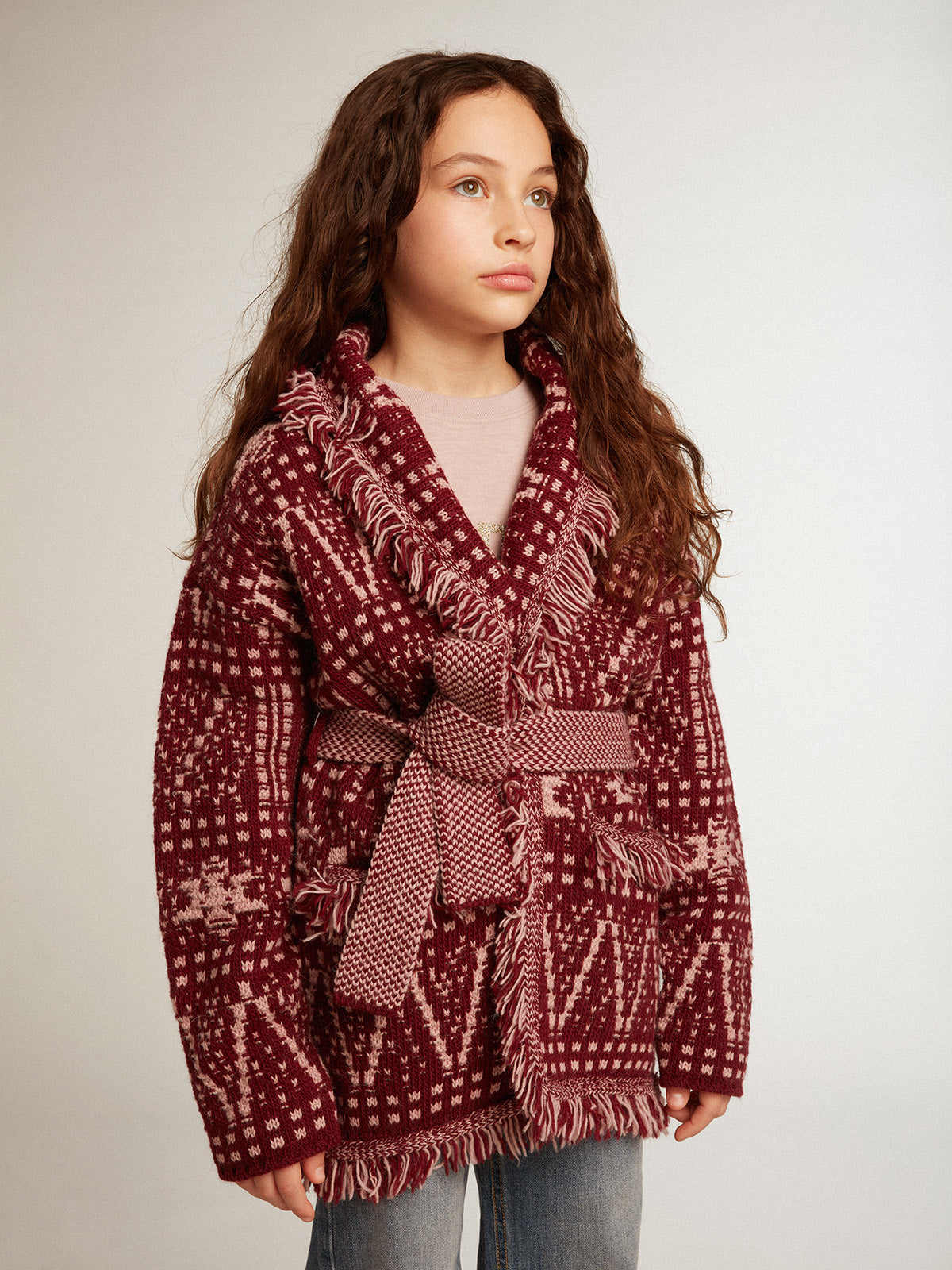 Girls' belted cardigan with burgundy Fair Isle motif| Golden Goose