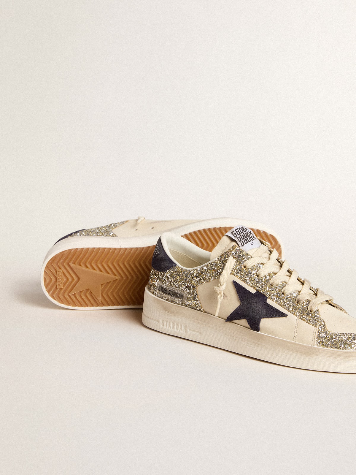 Women's Stardan in platinum glitter with dark blue suede star and heel tab| Golden Goose
