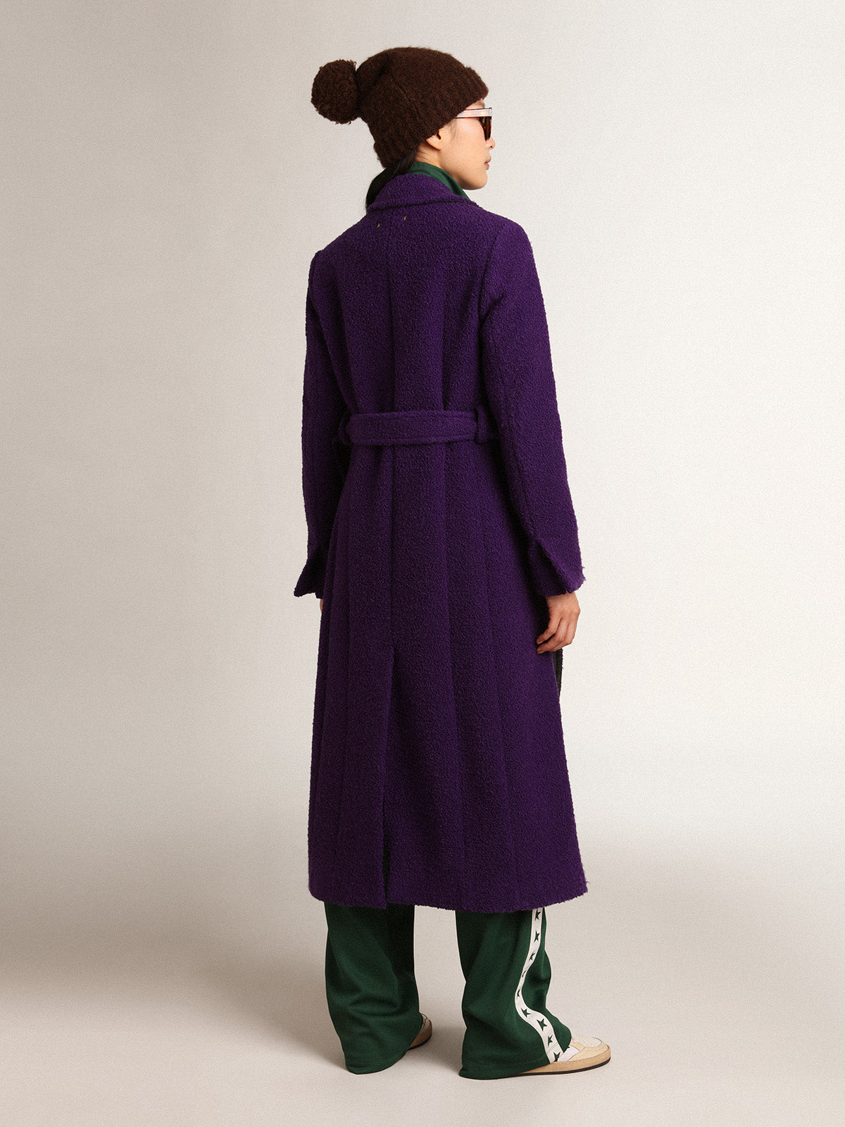 Women's coat in indigo purple wool with printed lining| Golden Goose