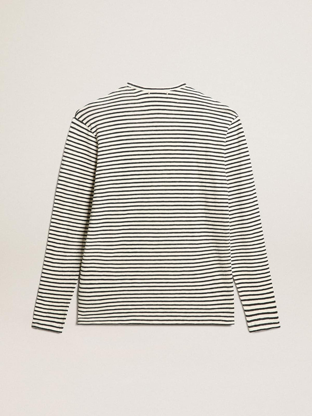 Men's T-shirt with white and blue stripes and embroidery on the front| Golden Goose