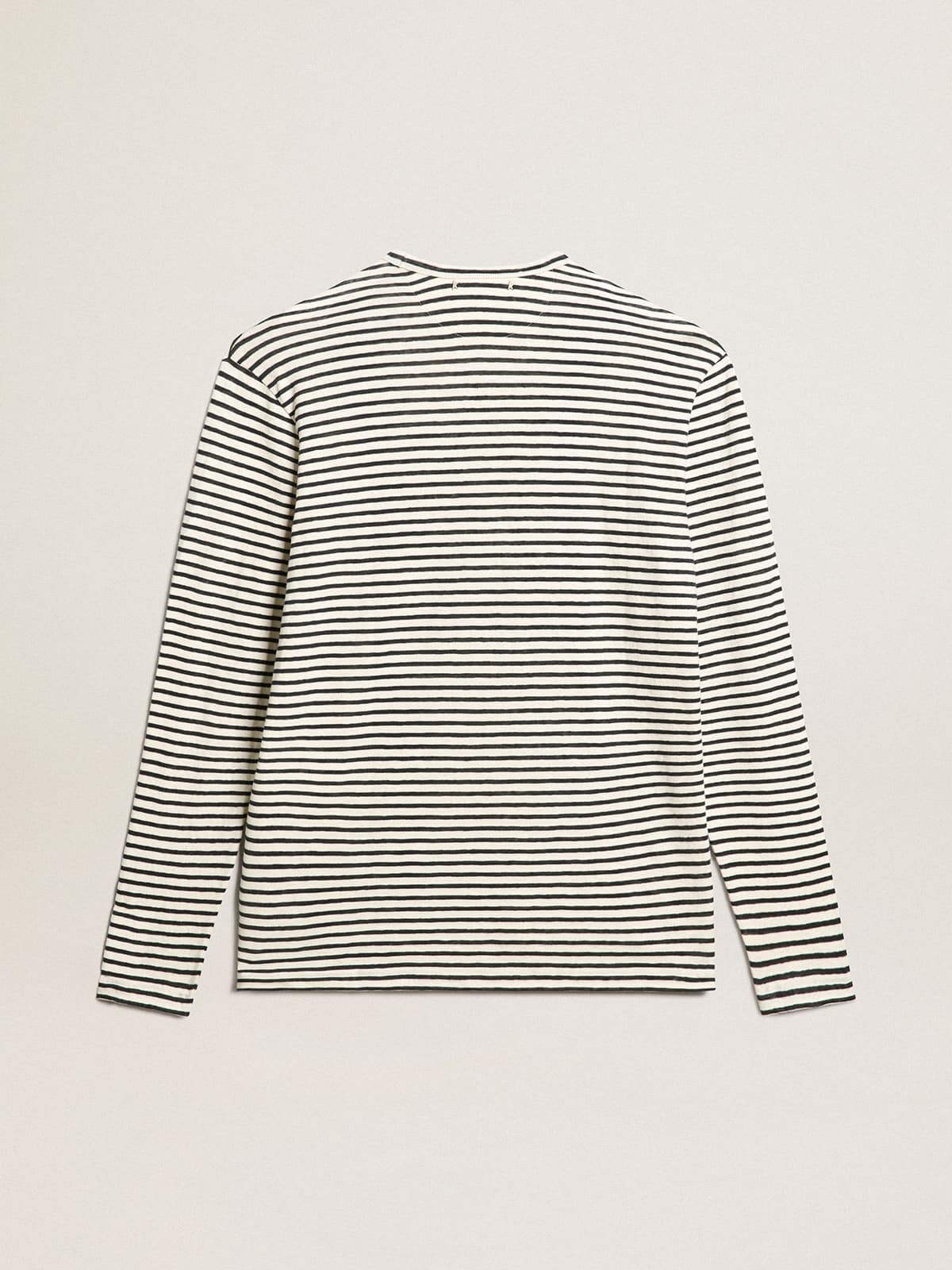 Men's T-shirt with white and blue stripes and embroidery on the front| Golden Goose