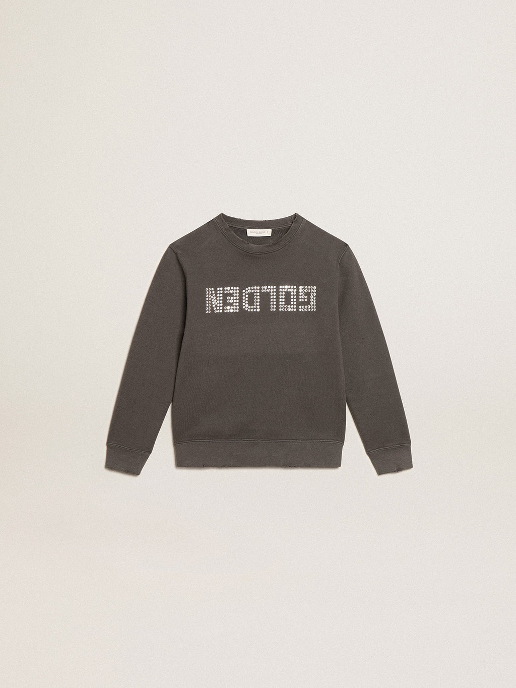 Distressed gray sweatshirt with crystal lettering| Golden Goose