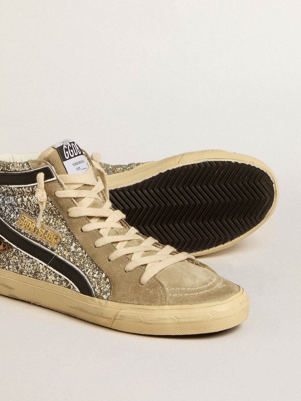 Slide in platinum glitter with leopard-print pony skin star and black flash| Golden Goose