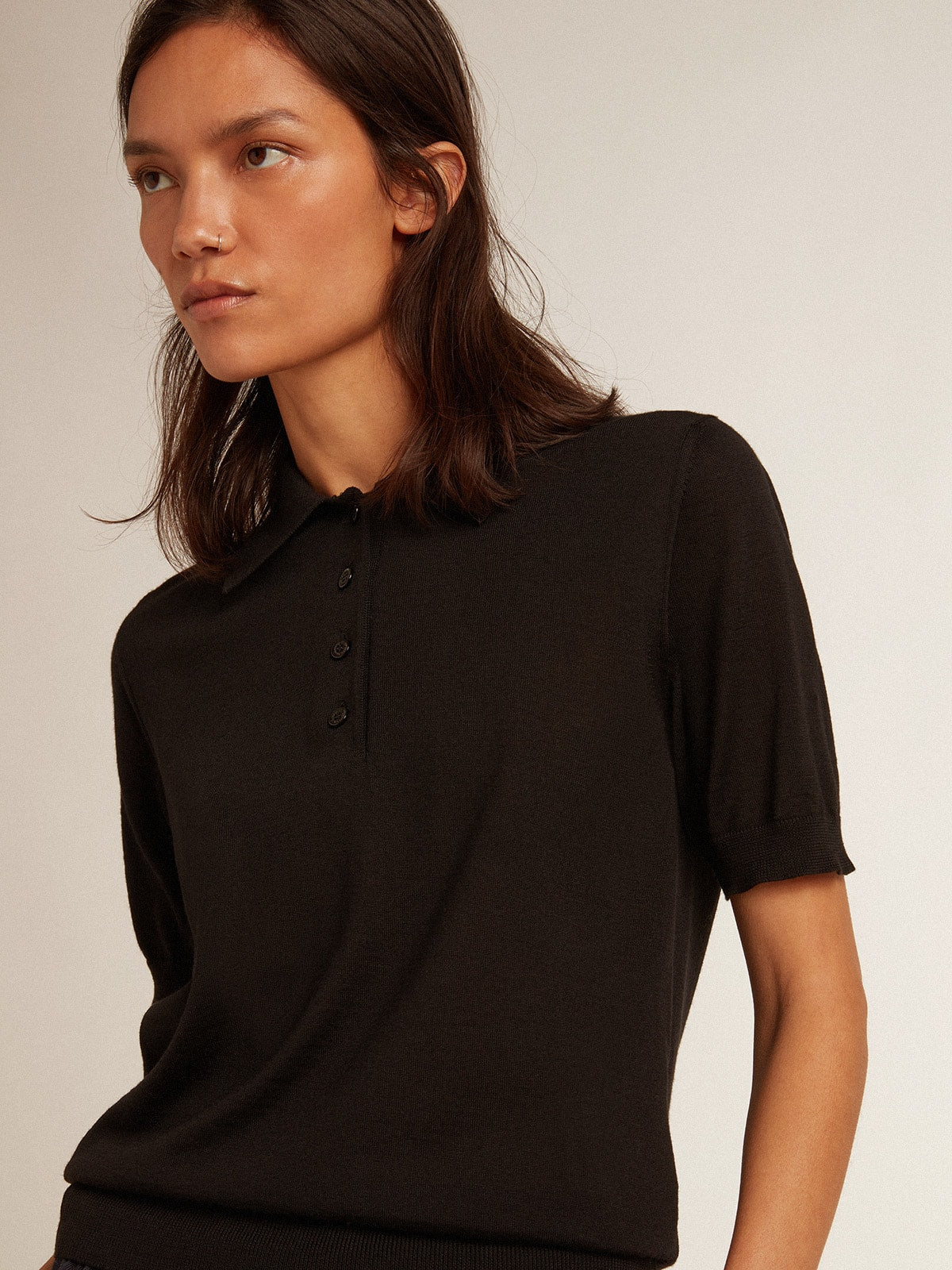Women's polo shirt in black merino wool| Golden Goose