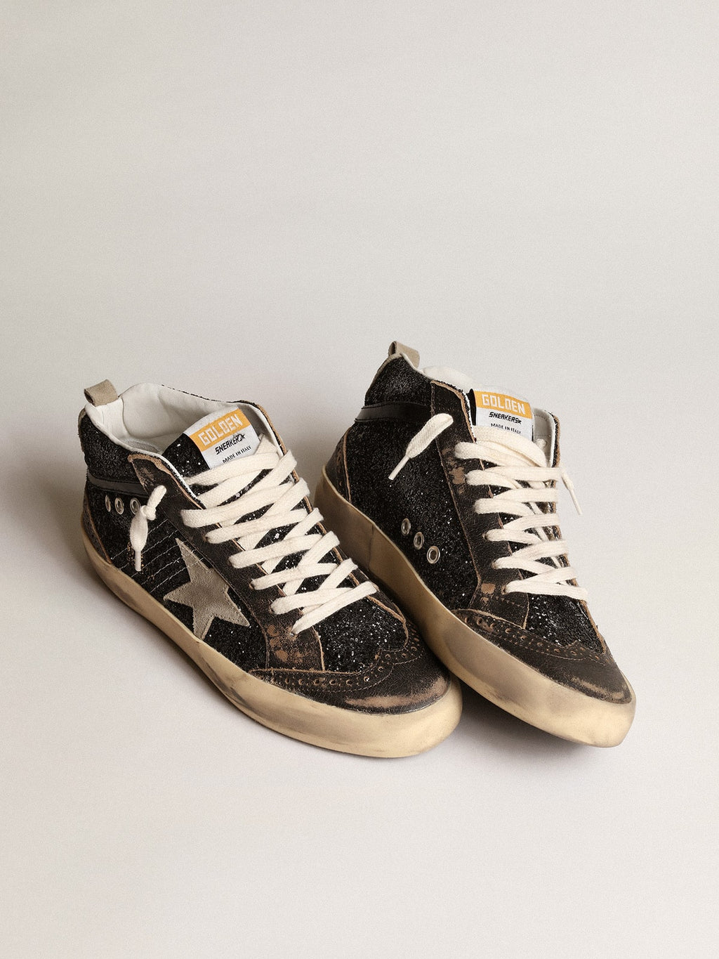 Women's Mid Star in black glitter with dove-gray suede star and heel tab| Golden Goose