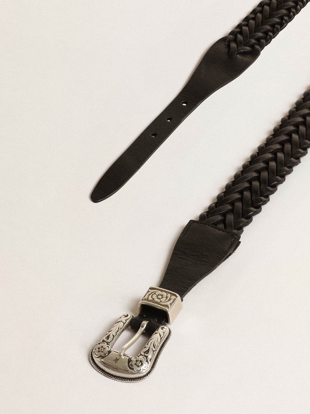 Belt in black braided leather with silver color buckle| Golden Goose