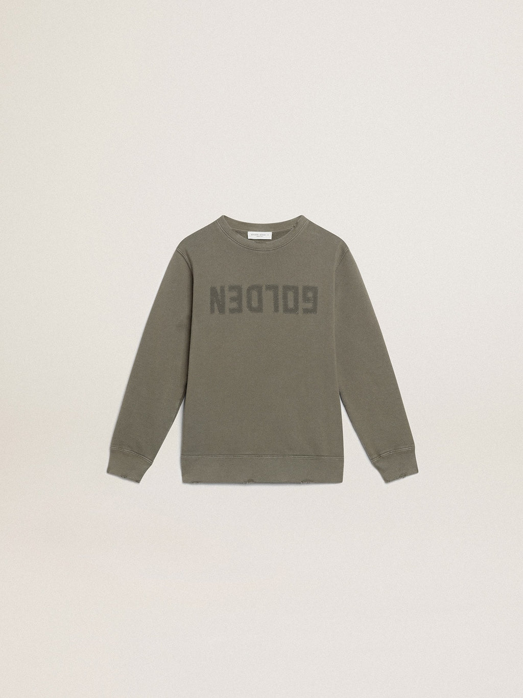 Distressed olive-green sweatshirt with Golden lettering on the front| Golden Goose