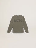 Distressed olive-green sweatshirt with Golden lettering on the front| Golden Goose