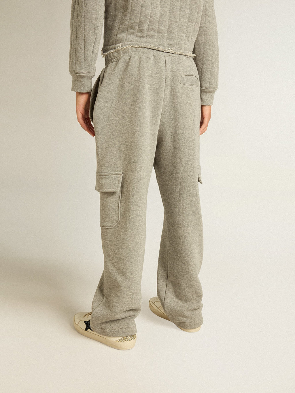 Gray melange cotton cargo joggers with embroidery| Golden Goose
