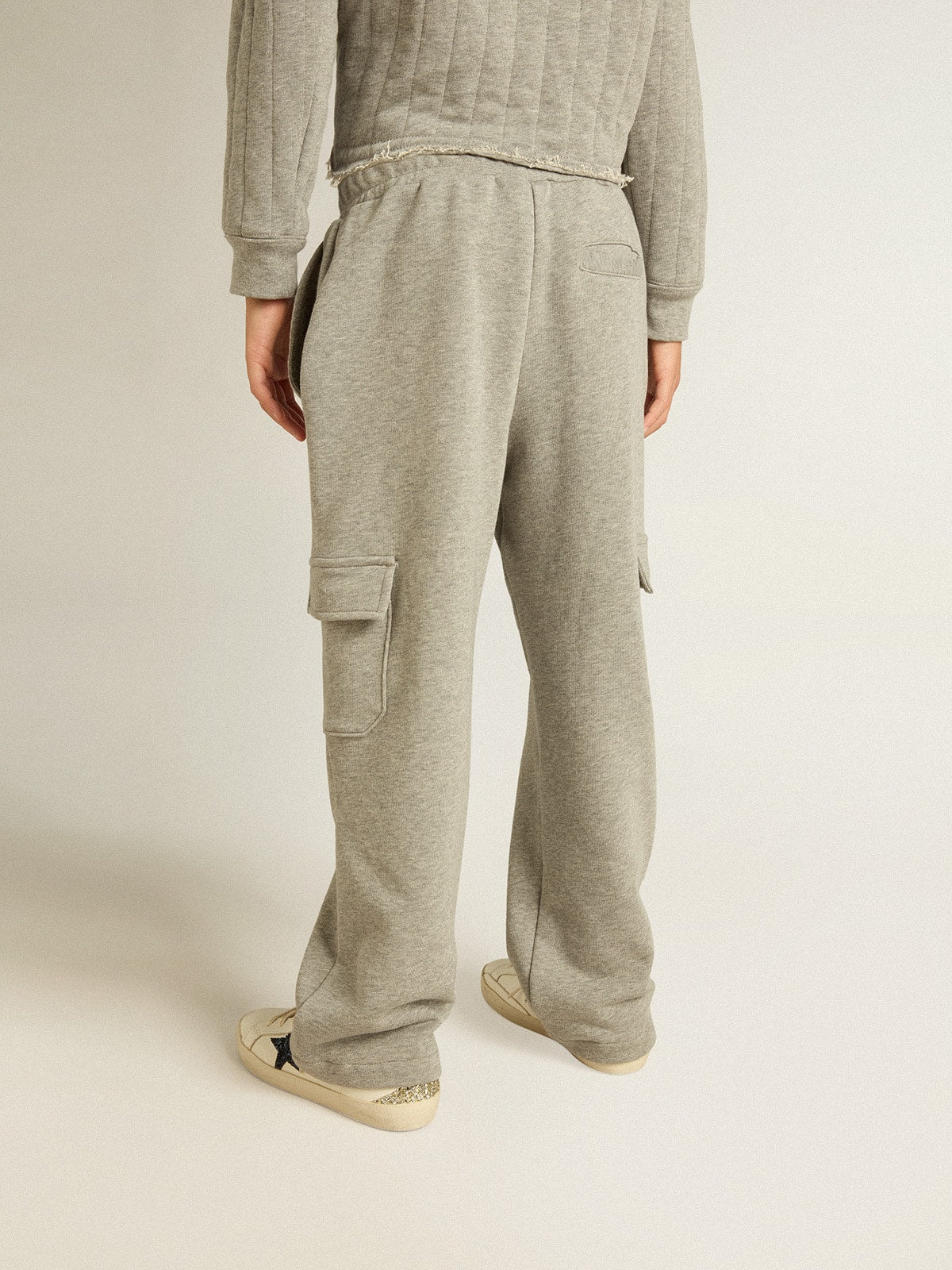 Gray melange cotton cargo joggers with embroidery| Golden Goose