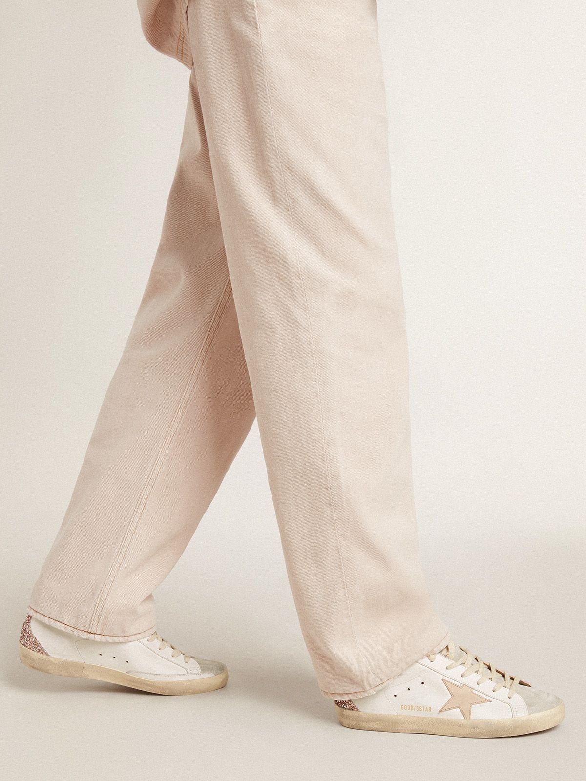 Super-Star with nude leather star and gold glitter heel tab| Golden Goose