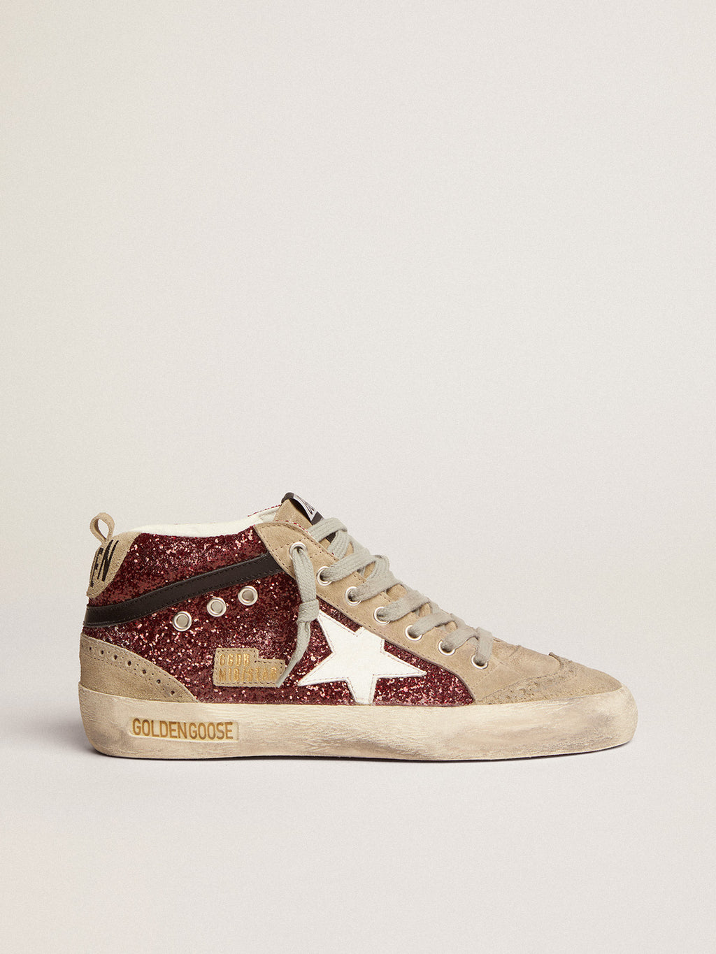 Women's Mid Star in burgundy glitter with gray inserts and white star| Golden Goose