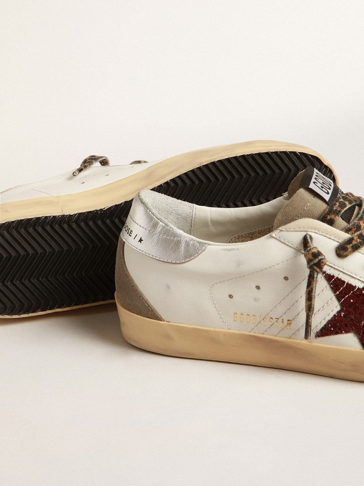 Super-Star with burgundy glitter star and silver heel tab| Golden Goose