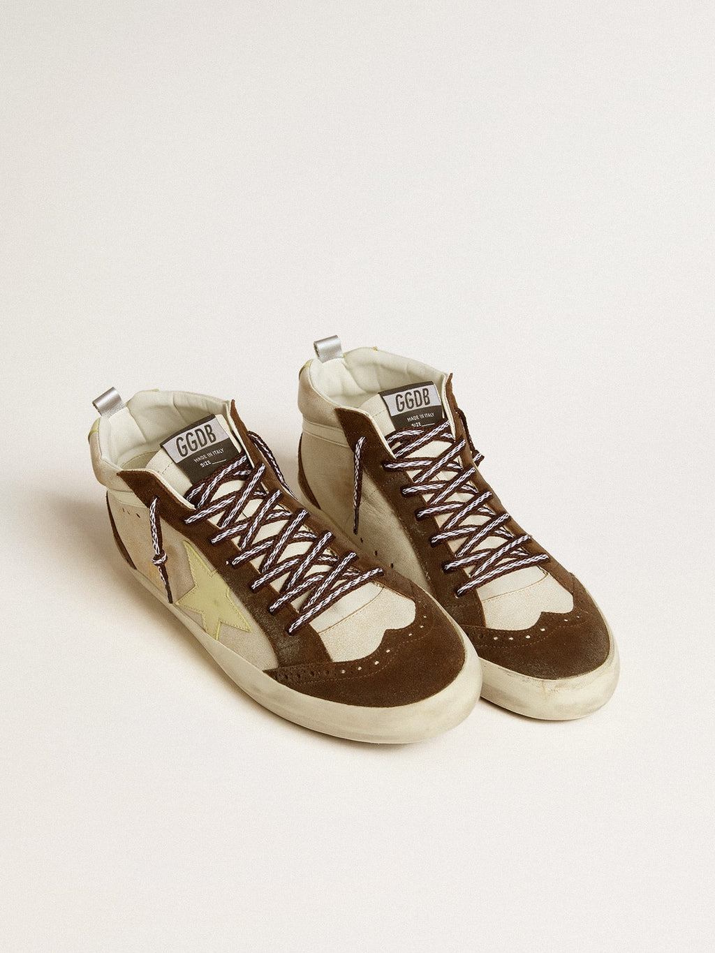 Men's Mid Star in beige glitter with yellow suede star and cotton flash| Golden Goose