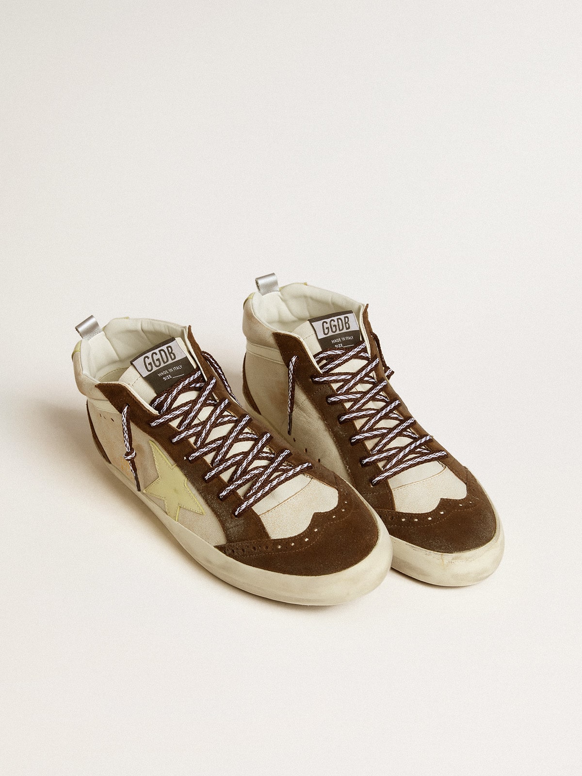 Men's Mid Star in beige glitter with yellow suede star and cotton flash| Golden Goose