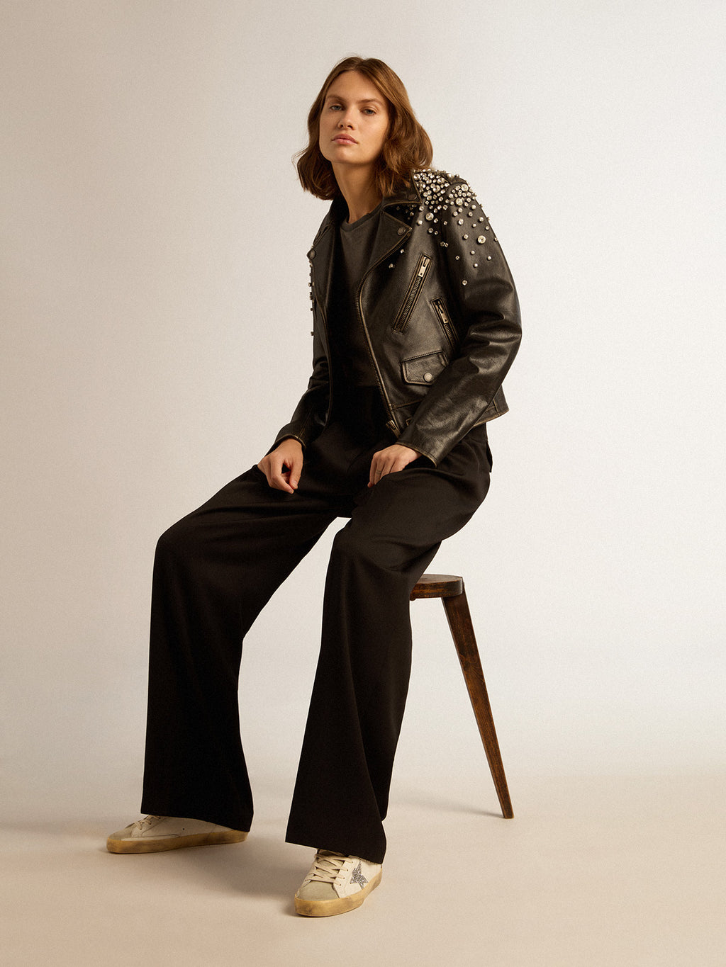 Women's leather biker jacket with crystals| Golden Goose