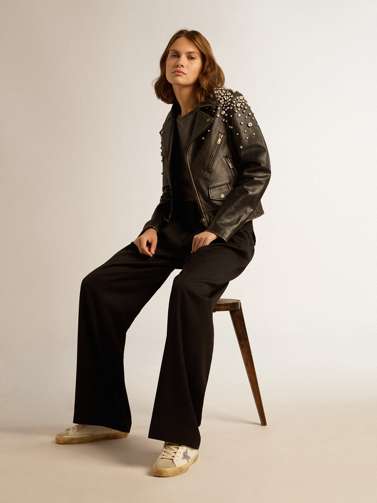 Women's leather biker jacket with crystals| Golden Goose