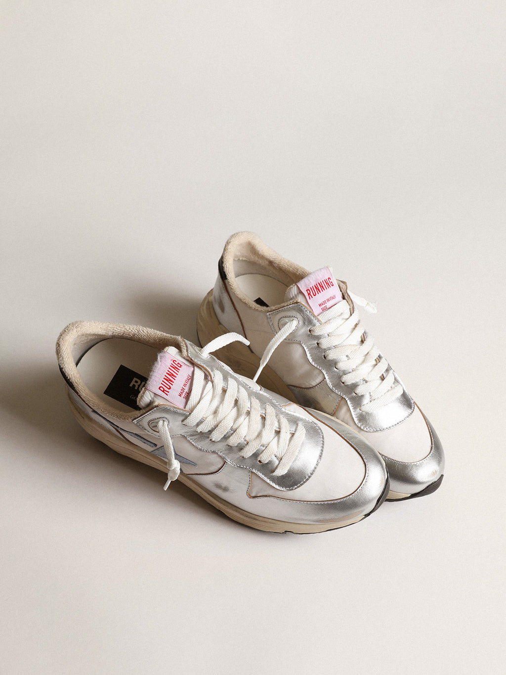 Running Sole in nylon and silver metallic leather with light blue star| Golden Goose