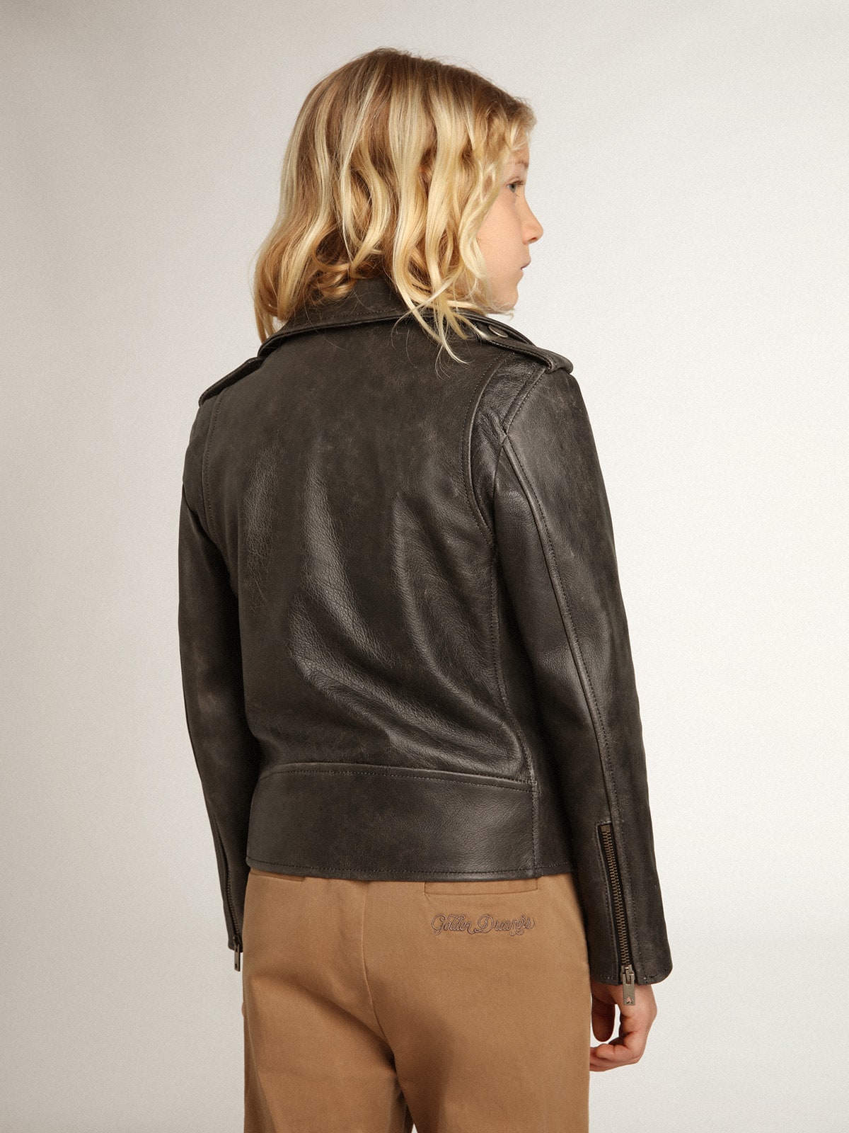 Boys' biker jacket in distressed leather| Golden Goose