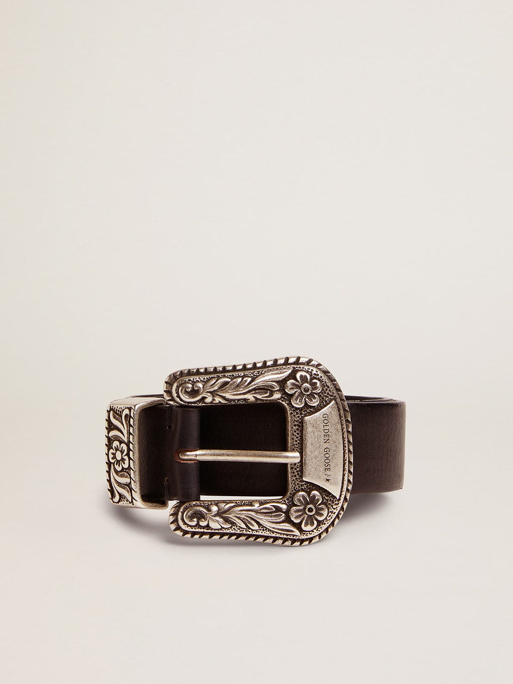 Women's belt in black leather with silver decorated buckle| Golden Goose