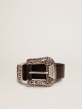 Women's belt in black leather with silver decorated buckle| Golden Goose