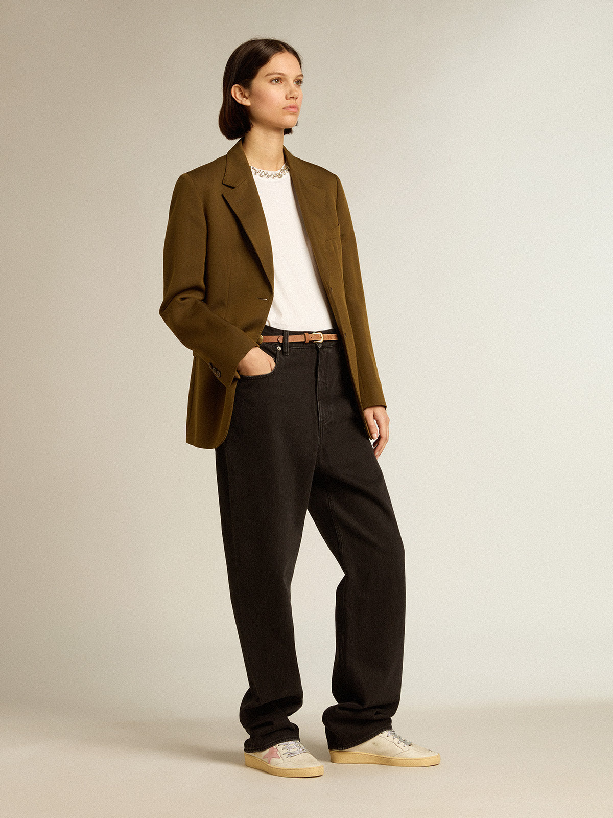 Single-breasted jacket in beech-colored wool with horn buttons| Golden Goose