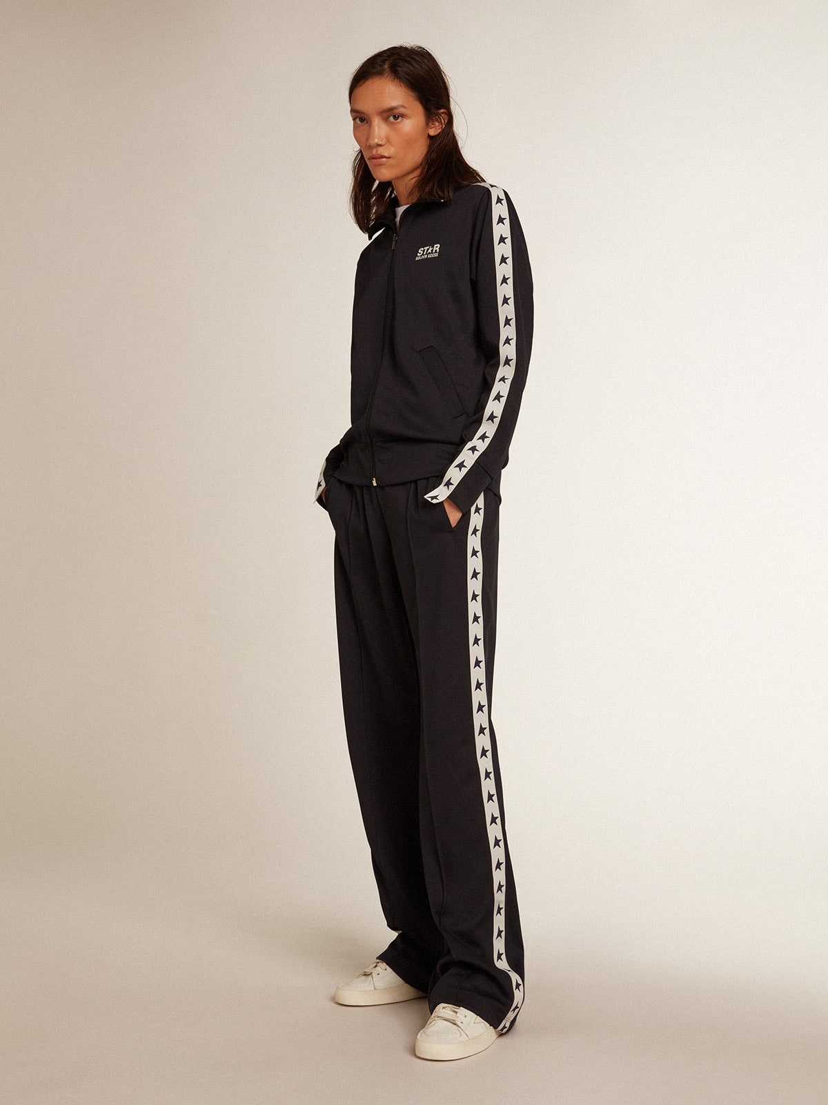 Dark blue zipped sweatshirt with white strip and contrasting stars| Golden Goose