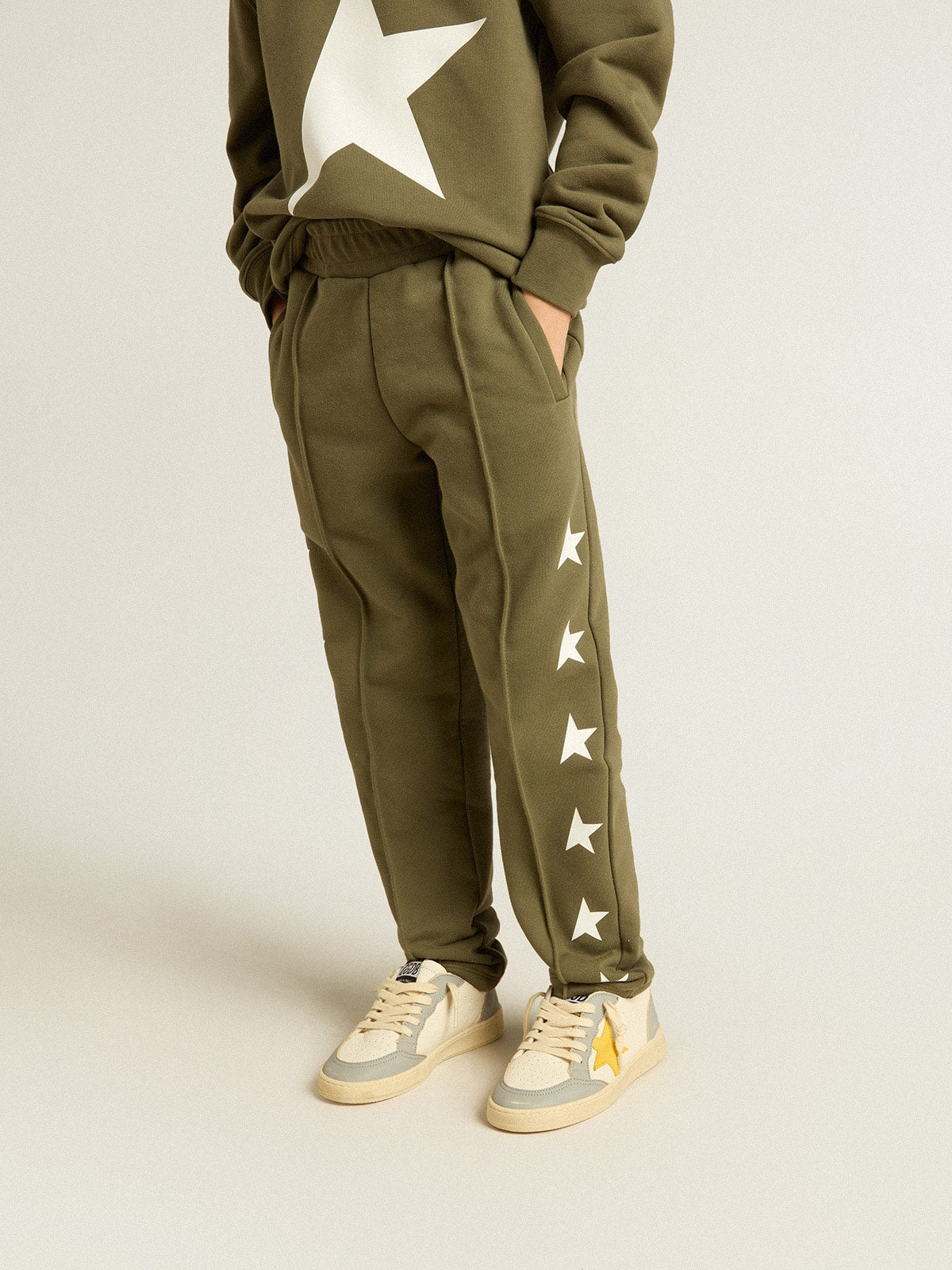 Boys' military-green joggers with white stars| Golden Goose