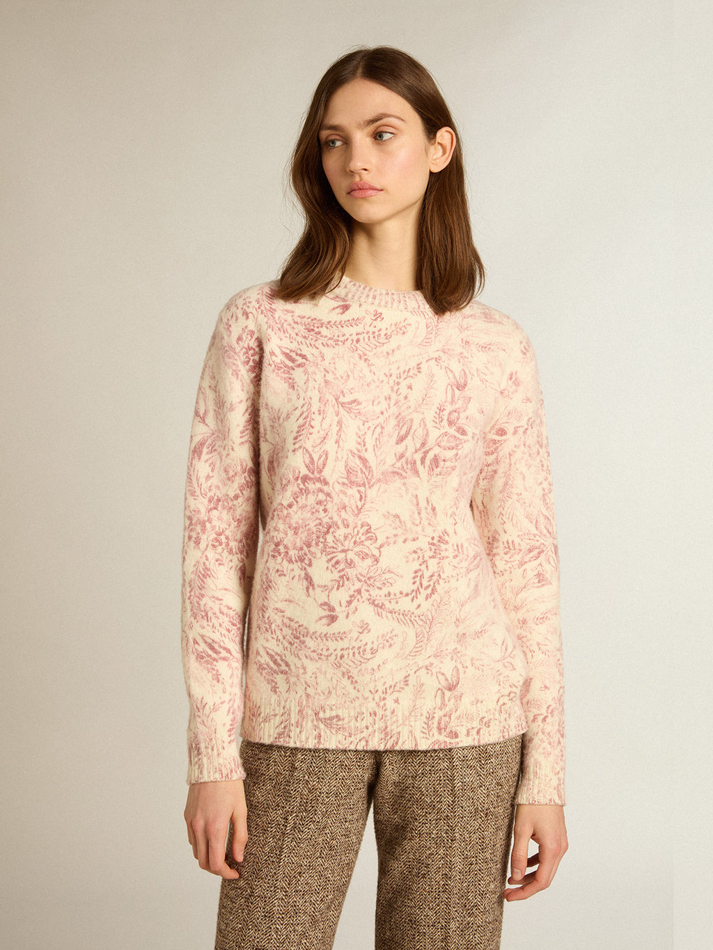 Women's round-neck sweater in wool with all-over toile de jouy pattern| Golden Goose