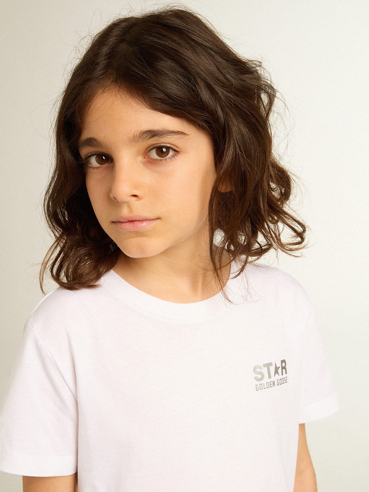 White T-shirt with contrasting silver logo on the front| Golden Goose