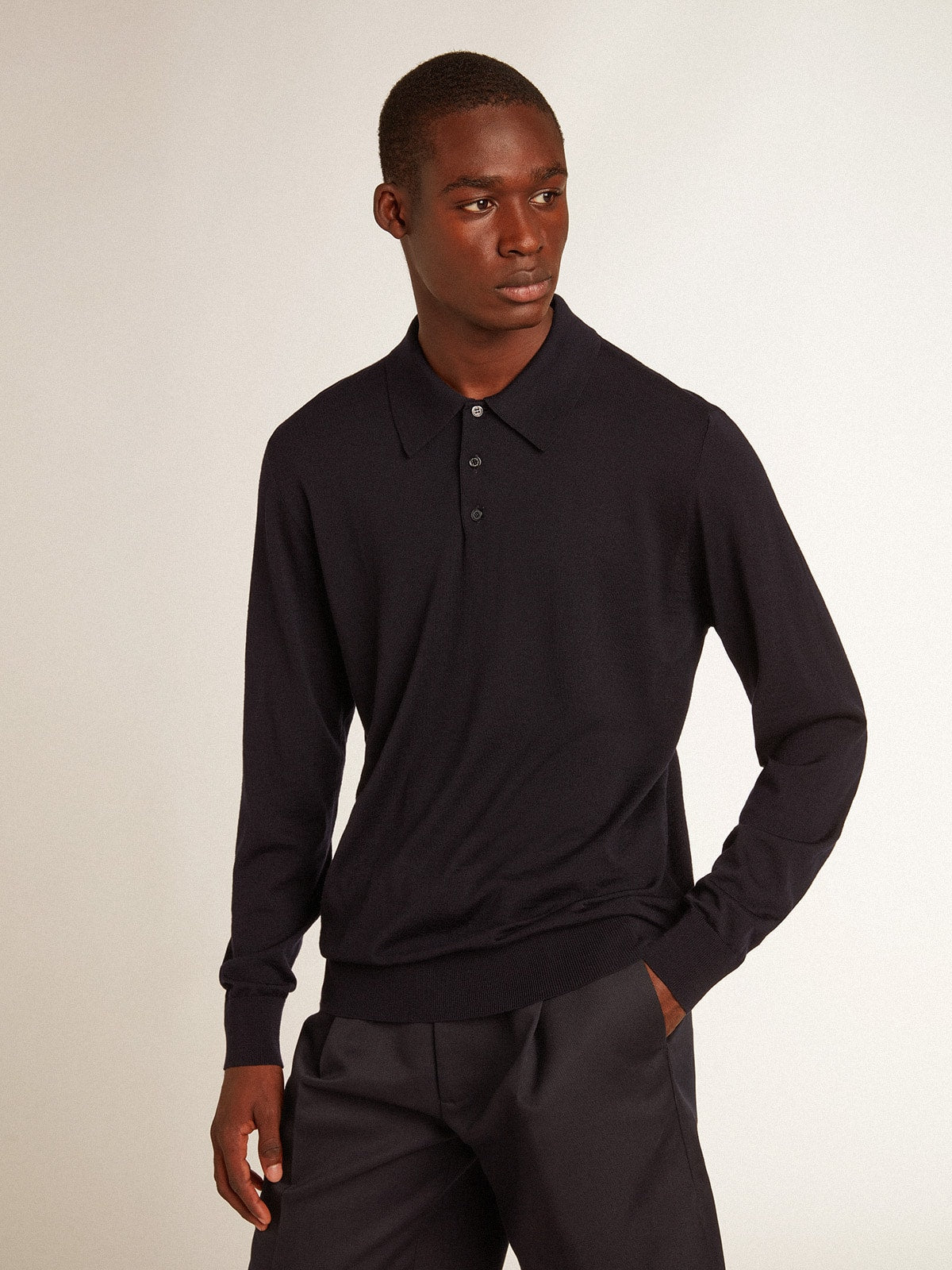 Men's long-sleeved polo shirt in navy-blue merino wool| Golden Goose