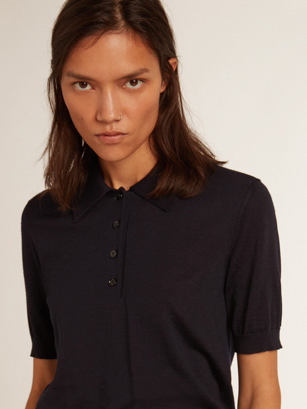 Women's polo shirt in navy-blue merino wool| Golden Goose