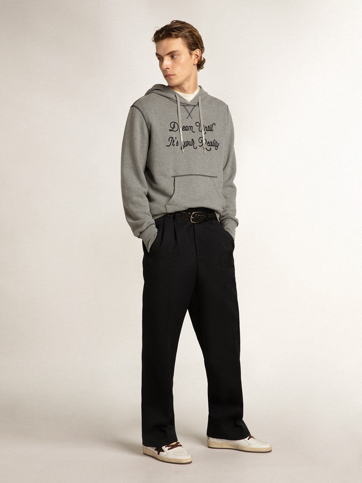 Gray melange cotton sweatshirt with hood| Golden Goose