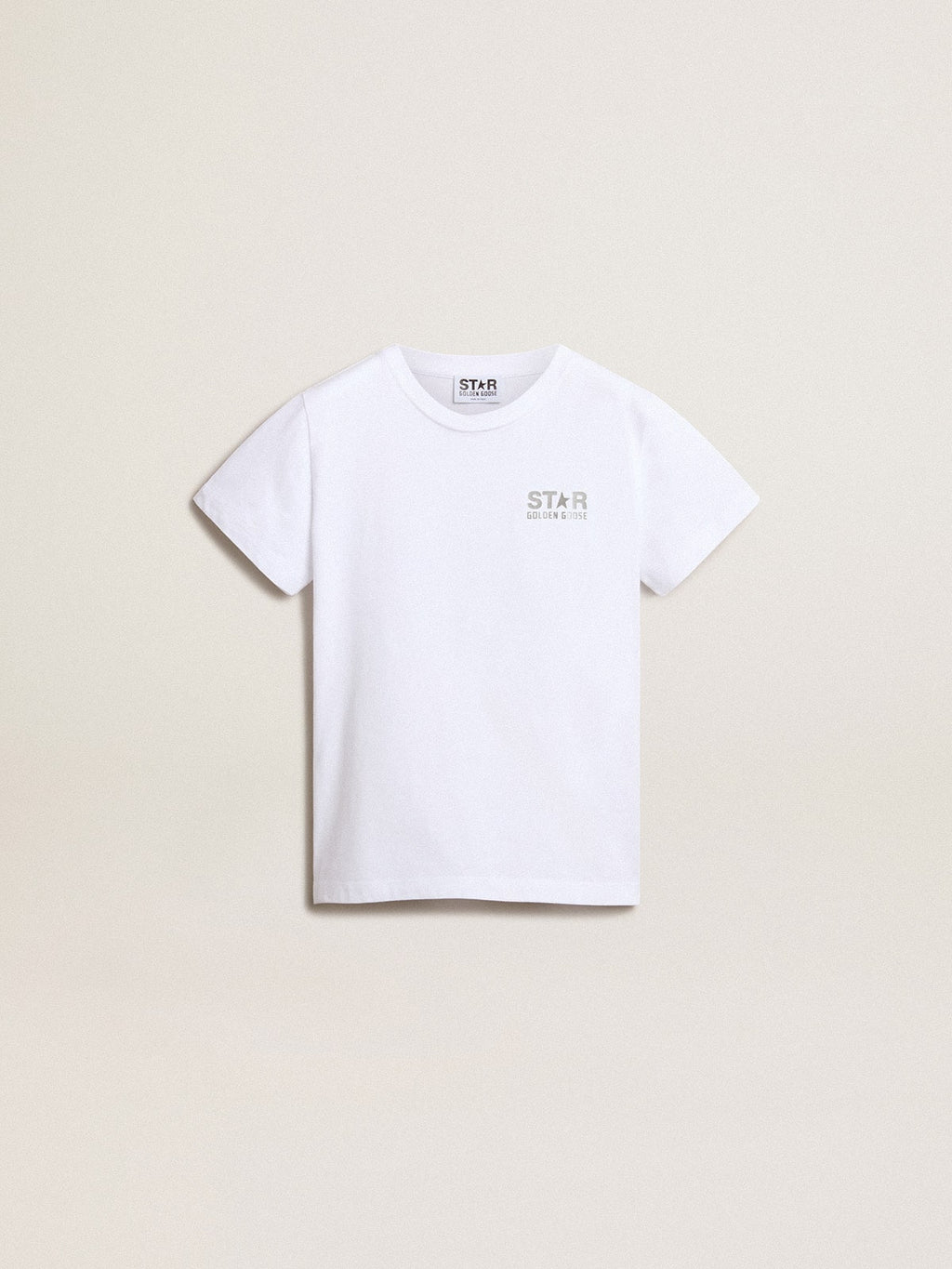 White T-shirt with contrasting silver logo on the front| Golden Goose