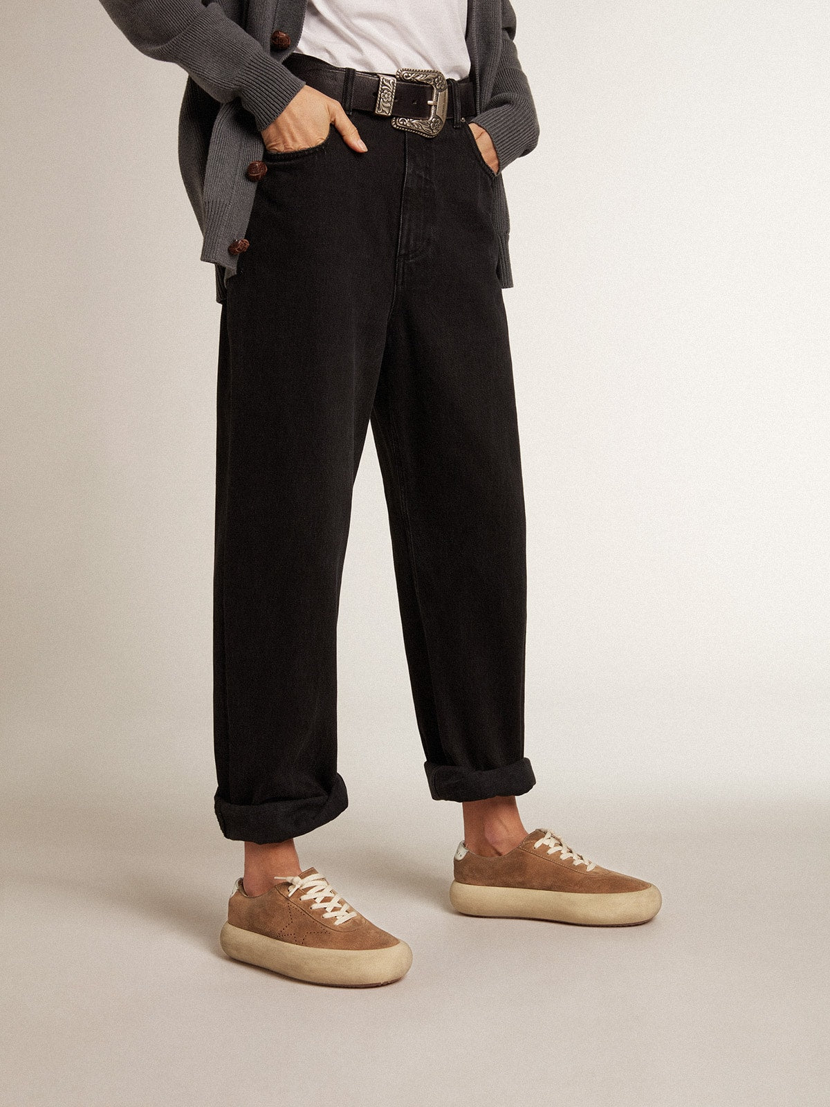 Women's Space-Star in tobacco-colored suede with perforated star| Golden Goose