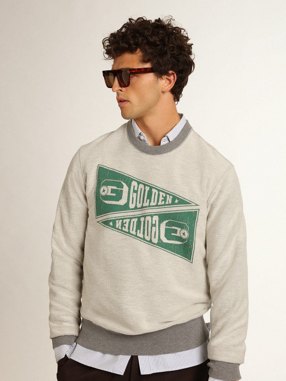 Men's mélange gray sweatshirt with green print| Golden Goose