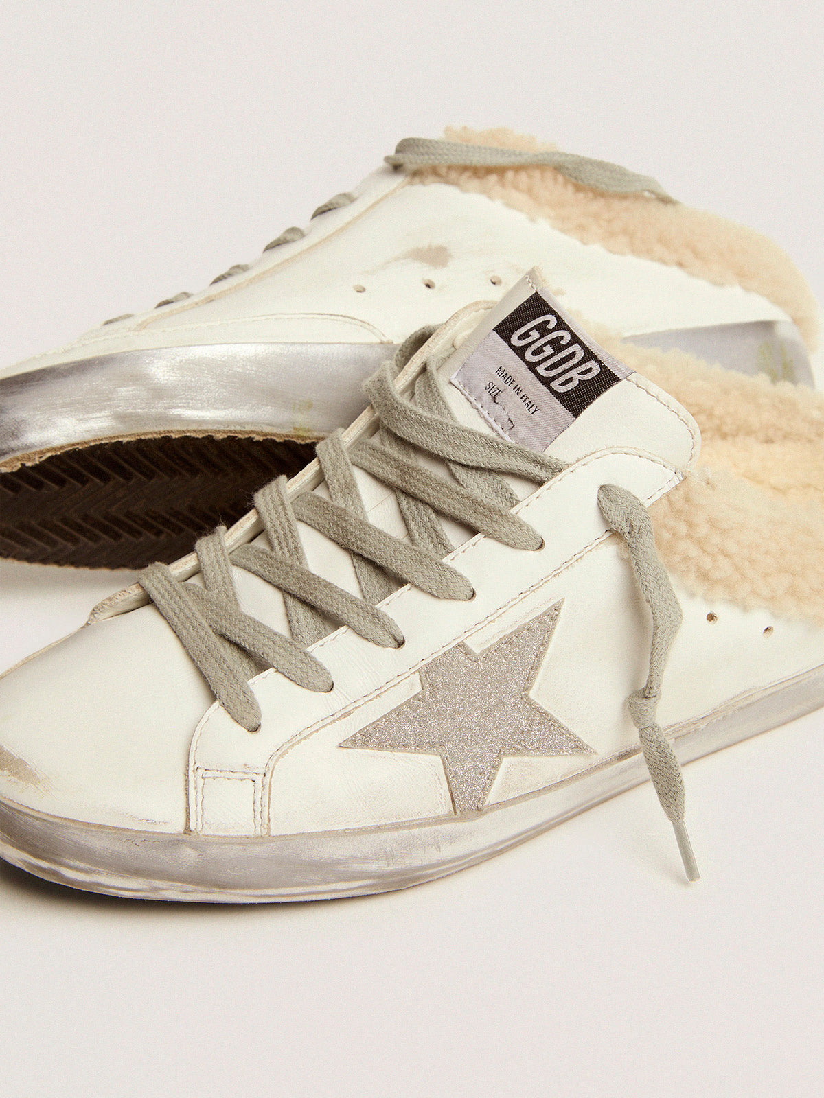 Super-Star Sabots in white leather with shearling lining| Golden Goose
