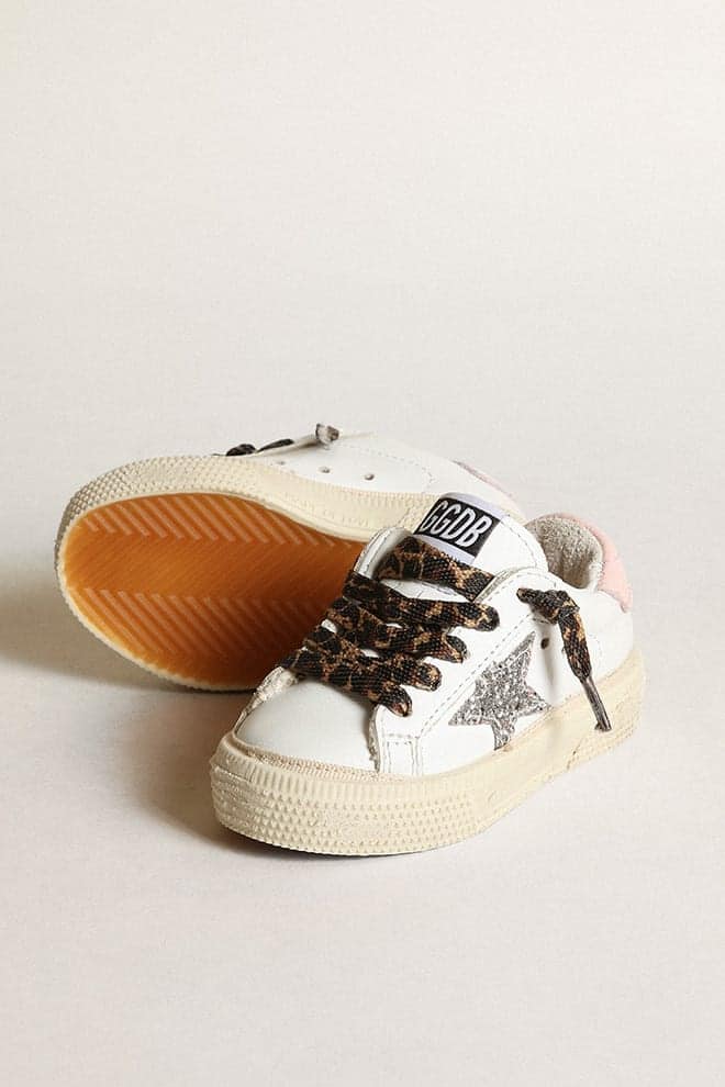 May sneakers with silver glitter star and pink leather heel tab| Golden Goose