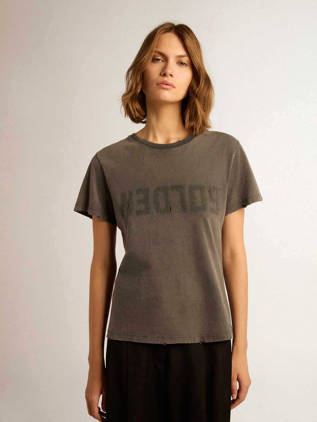 Distressed slim-fit T-shirt in anthracite gray| Golden Goose
