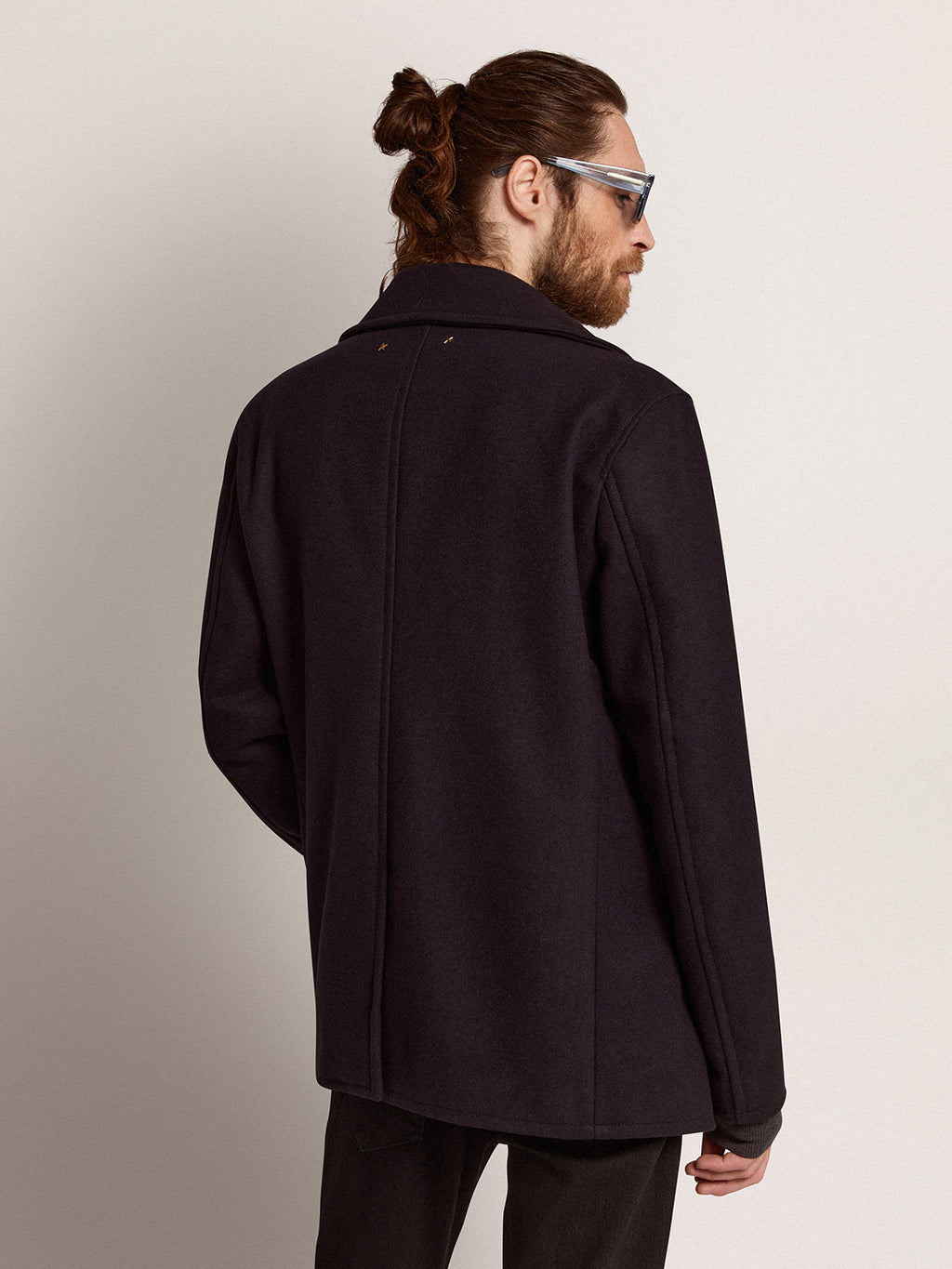 Men's double-breasted coat in dark blue wool with gold buttons| Golden Goose