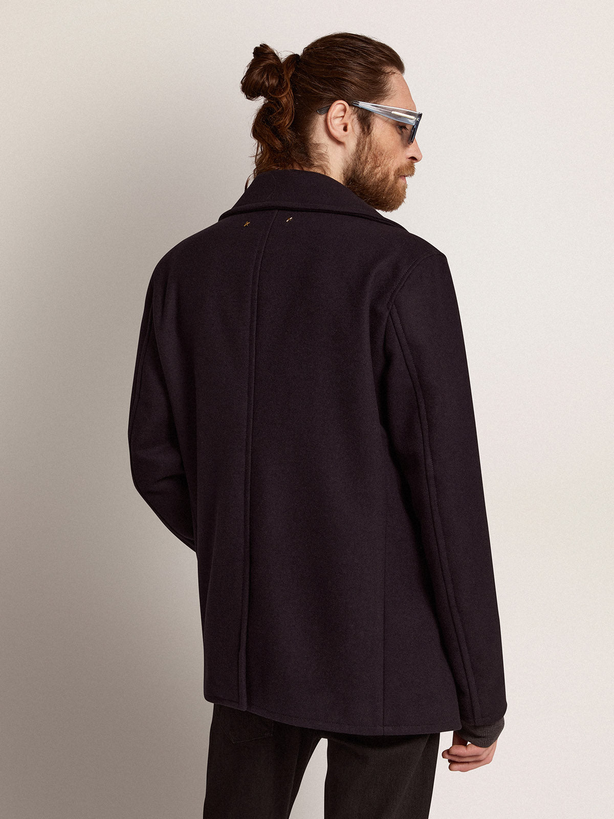 Men's double-breasted coat in dark blue wool with gold buttons| Golden Goose