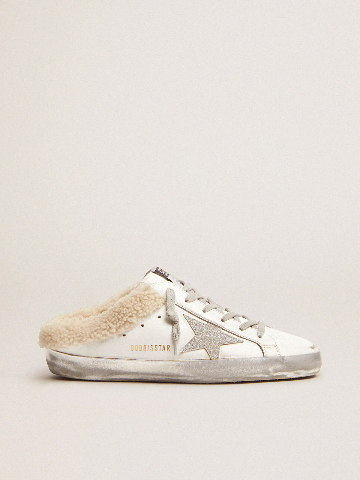Super-Star Sabots in white leather with shearling lining| Golden Goose