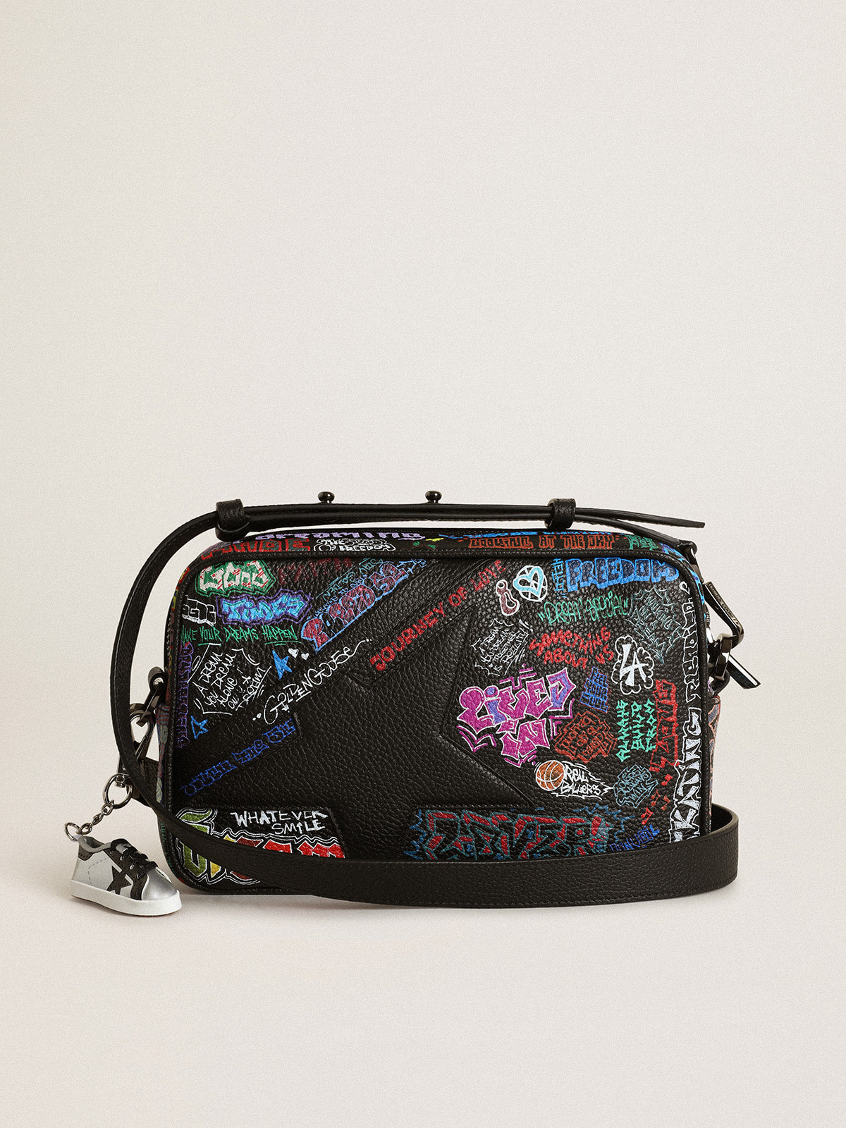 Women's Star Bag in black hammered leather with multicolor print| Golden Goose