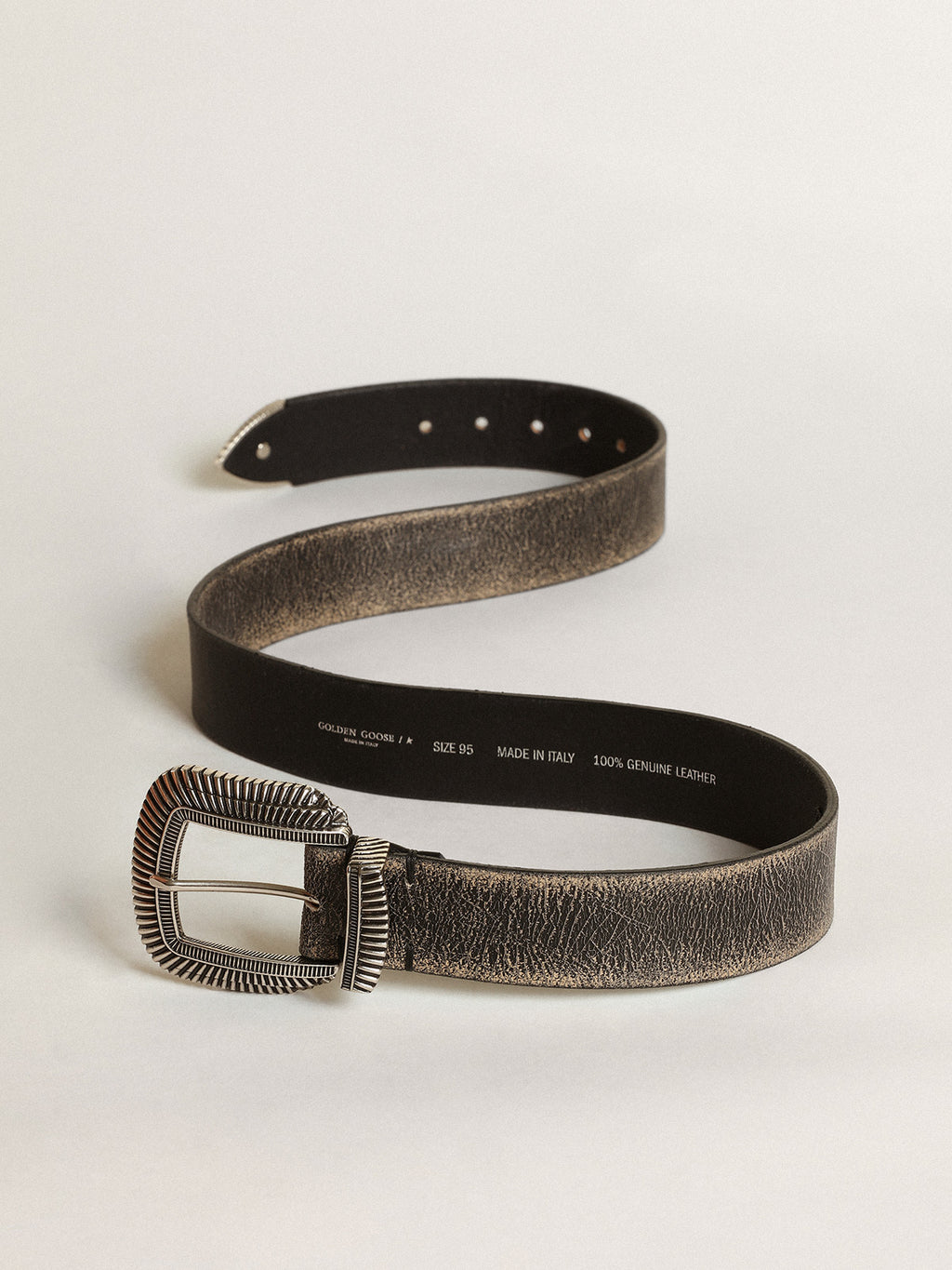 Men's belt in black leather with decorated buckle| Golden Goose