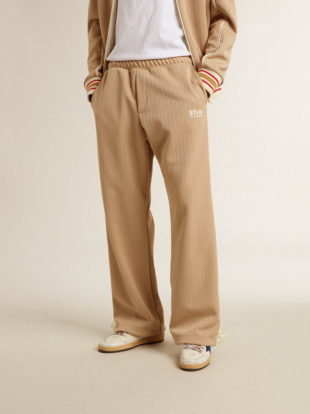 Men's light beige joggers with white logo| Golden Goose