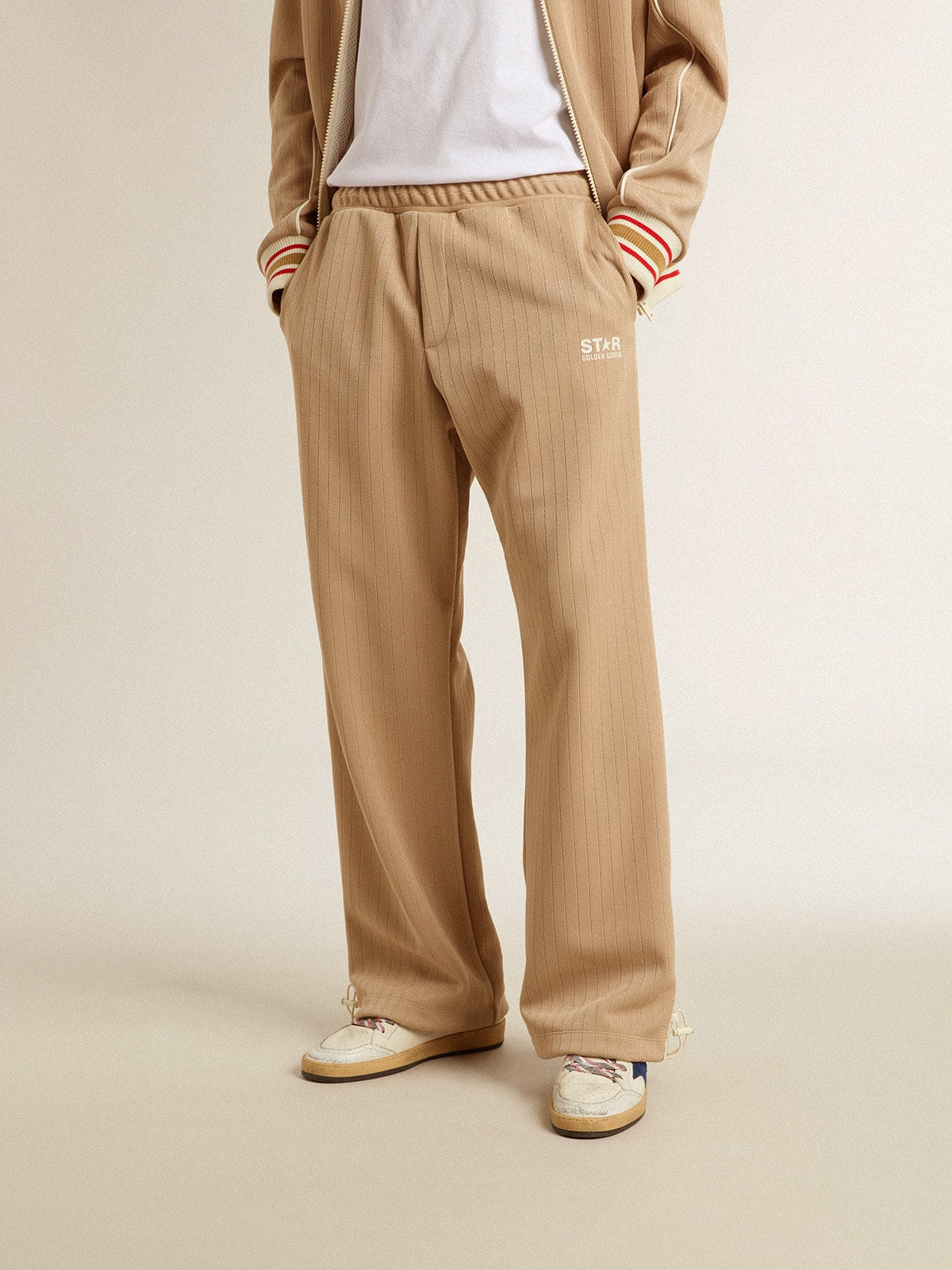 Men's light beige joggers with white logo| Golden Goose