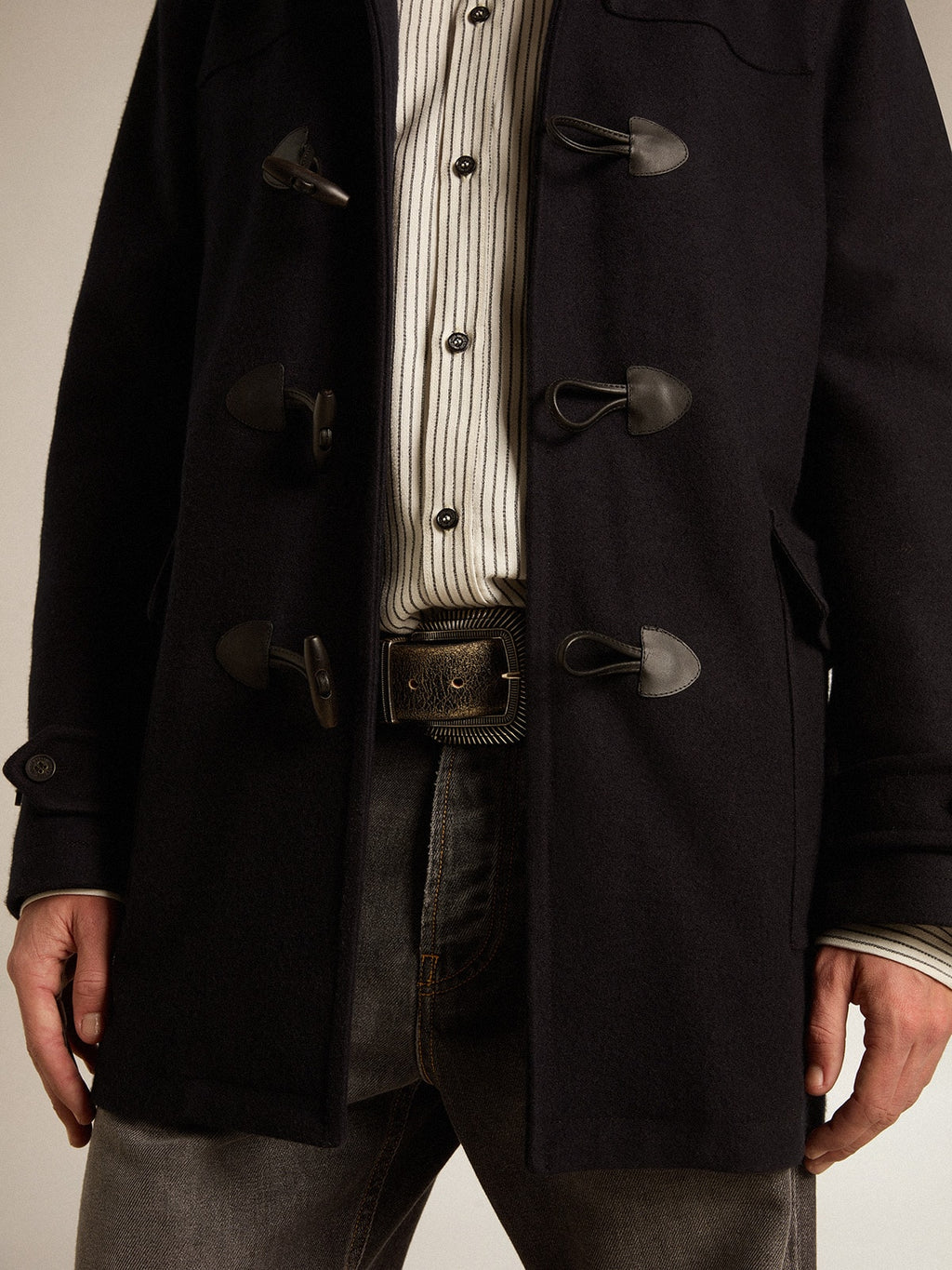 Dark blue wool duffle coat with hood and toggle fastening| Golden Goose