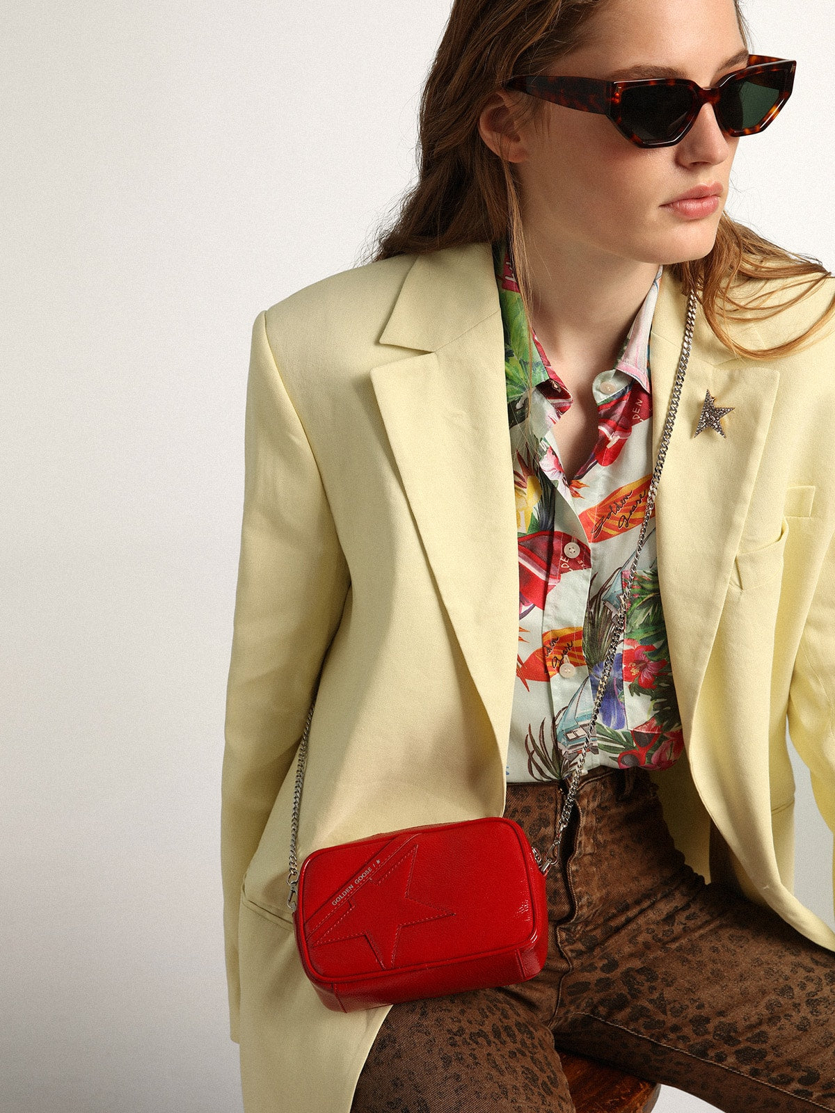 Women's Mini Star Bag in red painted leather with tone-on-tone star| Golden Goose