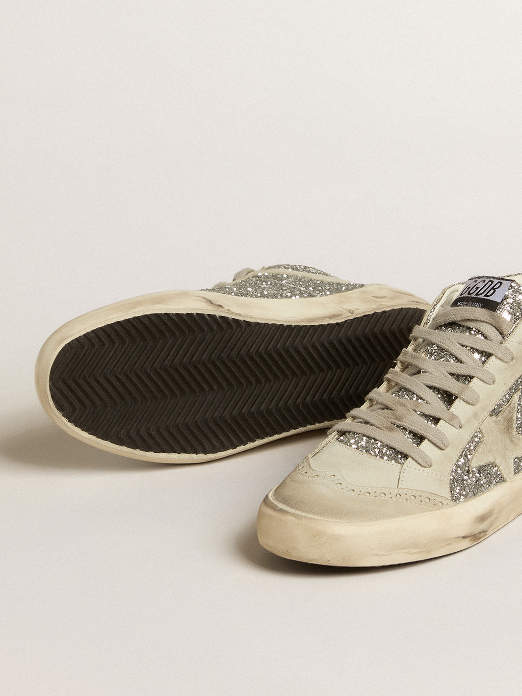 Mid Star in silver glitter with ice-gray suede star and flash| Golden Goose